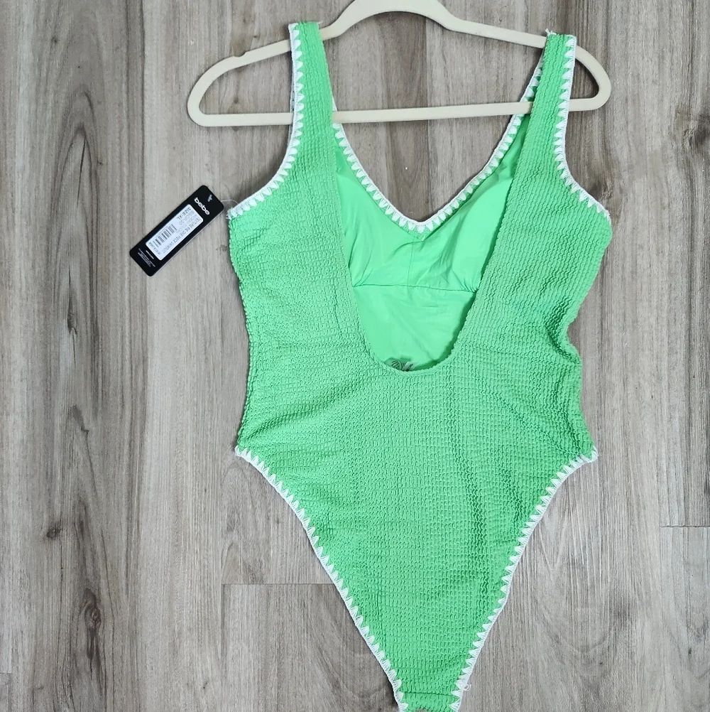 Bebe Texture Rib One Piece Swimsuit with White Trim NEW